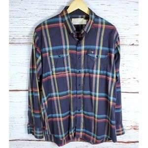 Longhorn Niver Western Wear Plaid Shirt Men's Size 17 x 36 Navy Blue Button Down